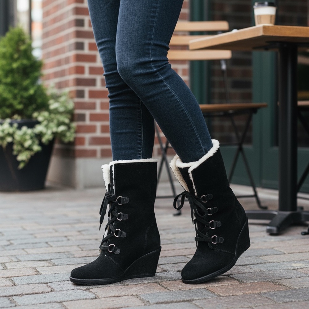 Cole Haan Black Suede Lace-Up Boots with Nike Air soles.